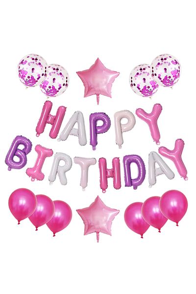 Teno Set of 25 Teno® Balloons, Letters, confetti, stars, HAPPY BIRTHDAY model, pink/purple/white
