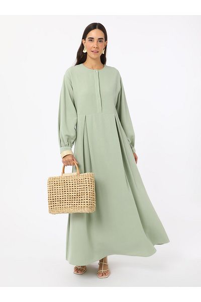 Benin Rochie hijab din amestec de in cu detaliu de pat în față - Verde Nil - Benin