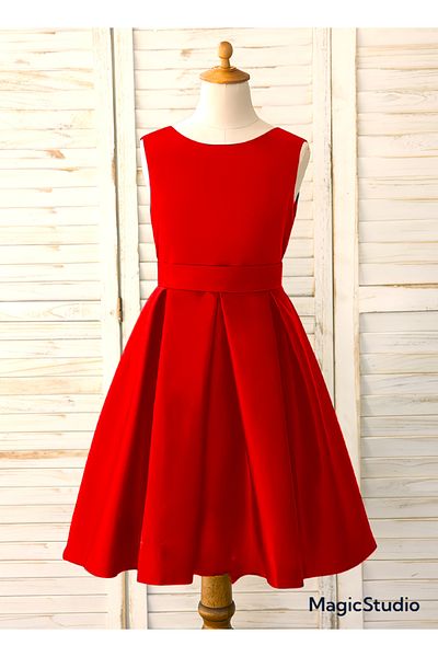 MadyaButik Girls' Red Plain Mini Satin Dress Evening Dress Graduation Birthday Reading Day Dress