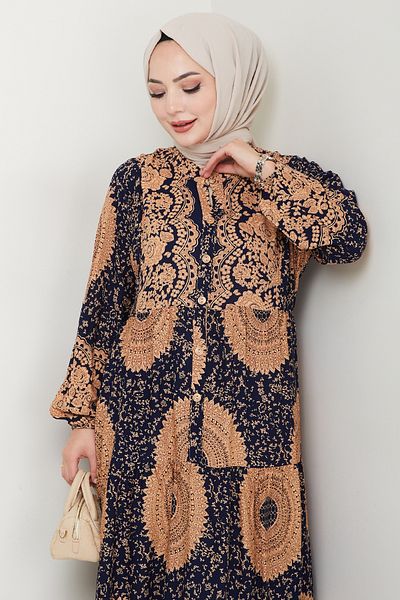 InStyle Mandala Pattern Navy Blue Viscose Dress