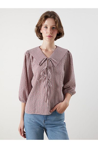 LC Waikiki New Season Baby Collar Plaid Blouse - S5Pi72Z8