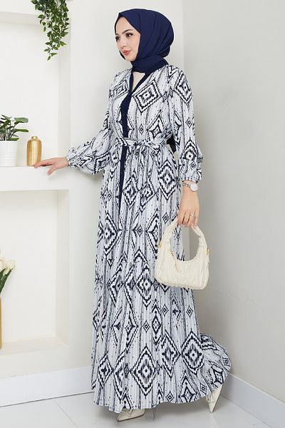 InStyle Ebruli Geometric Pattern Navy Blue Viscose Dress