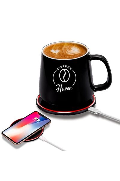 DLMDL Ceramic Mug with Self-Heating, Wireless Charging DLMDL, 15W Phone Charger, 55°C Constant Temperature