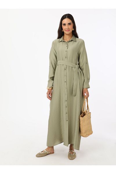 Refka Full Button Detailed Natural Fabric Hijab Dress - Kuf Green - Refka