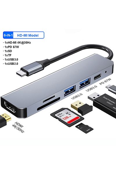 Kebidumei 6-in-1 HDMI USB C HUB 4K 30Hz Type C to HDMI-compatible PD 87W USB Splitter USB Adapter For Macbook