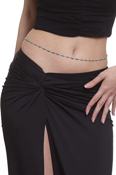 LABALABA Kadın Silindir Turkuaz Doğaltaşlı Ayarlanabilir Çelik Zincir Bel Zin...