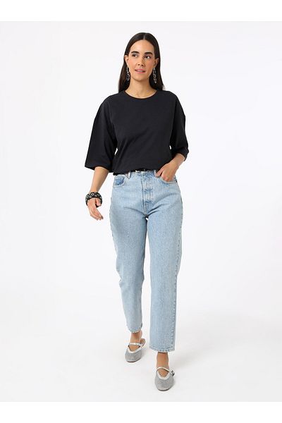 Refka Crew Neck Off Shoulder Women's Basic T-Shirt - Anthracite - Refka