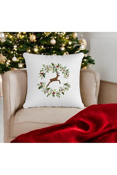 ASDİVA White Deer Pattern New Year Digital Printing Decorative Throw Pillow Case 43X43