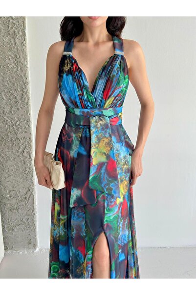 Serica Moda Βραδινό φόρεμα Maxi Chiffon με μπλε μοτίβο με δεμένο σχισμή λεπτομέρεια