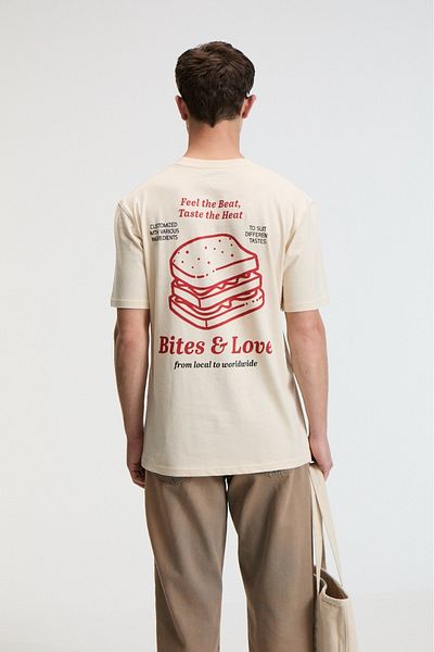 GRIMELANGE Bite Men's Oversize 100% Cotton Printed Round Neck Vanilla T-Shirt