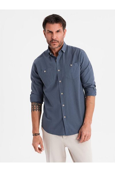 OMBRE Herren Leinenhemd mit klassischem Kragen und Taschen REGULAR FIT - blau V4 OM-SHCS-0134 M