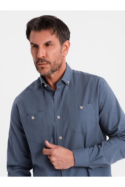 OMBRE Herren Leinenhemd mit klassischem Kragen und Taschen REGULAR FIT - blau V4 OM-SHCS-0134 M