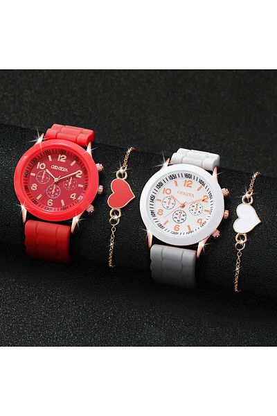 Choice Red White Set 4PCS/Set Couple's Watches Fashion Silicone Band Women Quartz Watch Heart Bracelet Set（
