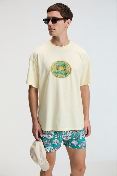 GRIMELANGE Flavor Men's Oversize 100% Cotton Printed Round Neck Yellow T-Shirt