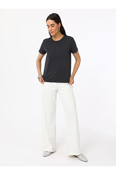 Refka Rib Collar Basic Women's T-Shirt - Anthracite - Refka