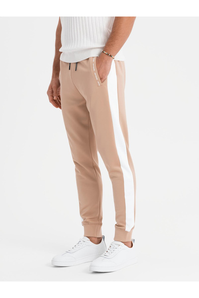 OMBRE Herren Jogginghose Jogger mit Kontraststreifen - beige V4 OM-PASK-0229 L