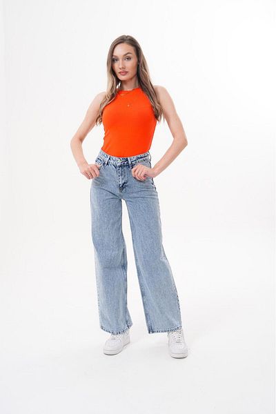 Tarz Cool Women's Palazzo Loose Leg Super High Waist Jean Trousers Blue