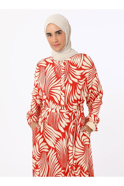 Refka Half Patch Printed Viscose Hijab Dress - Red - Refka