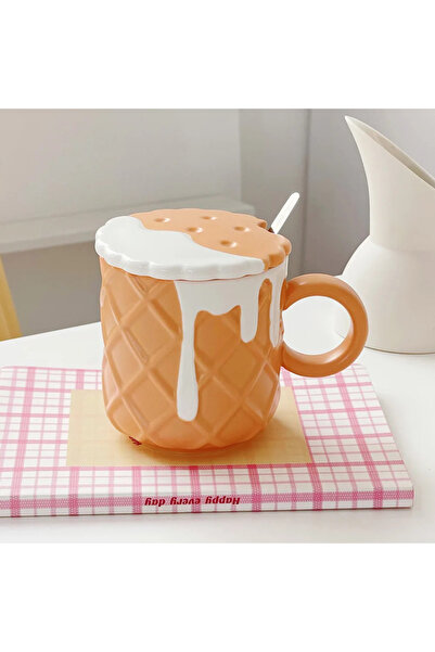 choice2 كوب قهوة برتقالي 301-400 مل، قطعة واحدة، سعة 400 مل، بنمط بسكويت، مع ...