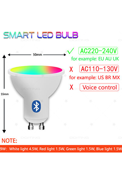 Choice إجمالي 9 واط بلوتوث 220 فولت مصباح Tuya GU10 بلوتوث RGBCW مصابيح LED ب...
