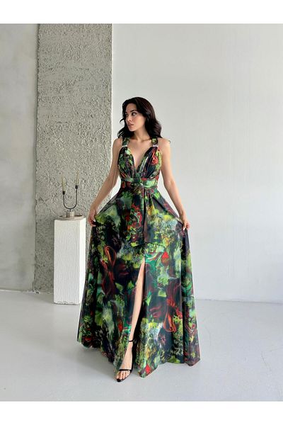 Serica Moda Green Patterned Tie-Up Slit Detailed Maxi Chiffon Evening Dress