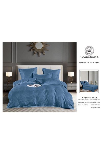 Sonia-home 6-piece satin cotton bedding set – Sonia Home Damascus Royal Blue Damascus