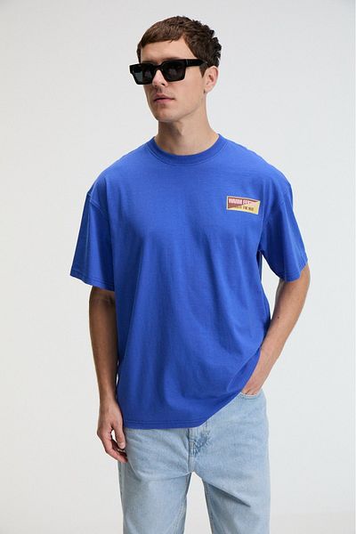 GRIMELANGE Snack Men's Oversize Fit 100% Cotton Printed Round Neck Saks Blue T-Shirt