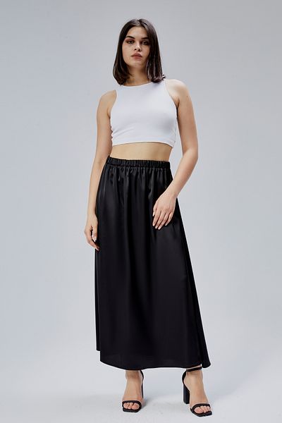 Bolivente Black Regular Gathered Satin Skirt with Elastic Waist