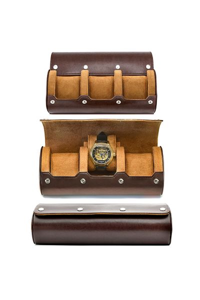 Choice 3 Slot Coffee Brown Watch Travel Case ,3/6 Slot Watch Roll Travel Case Organizer Display - PU Leathe
