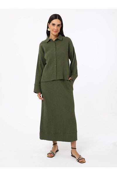 Benin Cotton Muslin Fabric Shirt & Skirt Double Set - Khaki - Benin
