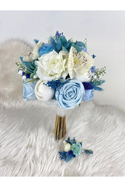 Buketlife Mavi beyaz gelin çiçeği buketi ve yaka çiçeği