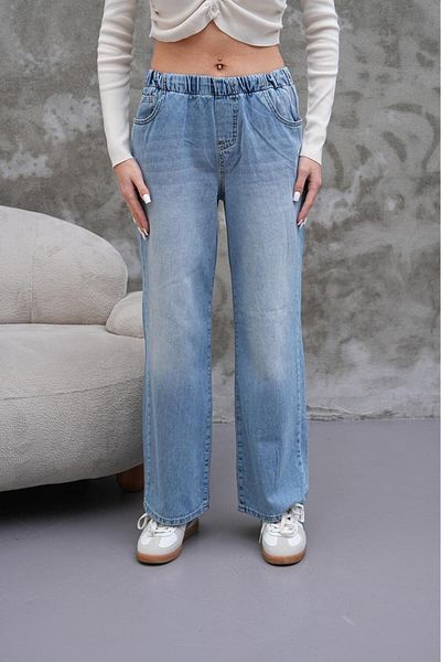 Tarz Cool Women's Loose Leg High Elastic Waist Jean Trousers Blue