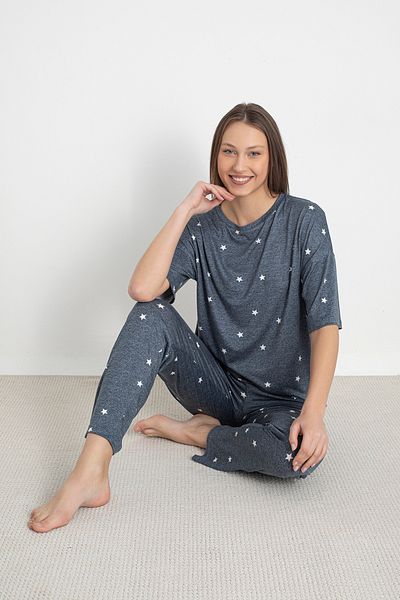 DOFİ Dofi Women's Star Patterned Anthracite Pajama Set – Short Sleeve, Oversize Top