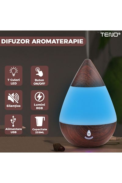 Teno Teno® Aromatherapy Diffuser, 7 LED colors, 235ml capacity, dark oak