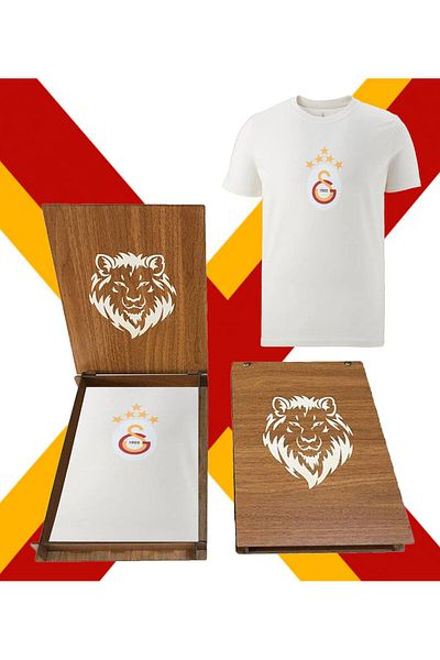 Galatasaray Licensed 5 Star Ecru Cotton T-Shirt Wooden Box