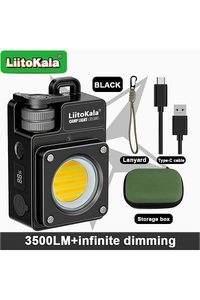 liitokala 18650 Black LiitoKala Adjustable 3500LM Camping Light, 18650 Battery, 2.5H Charge, 5 Lumen Levels, E