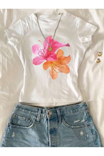 EVIus Tricou crop cu mânecă scurtă din Lycra imprimat cu flori pentru femei