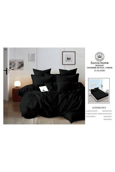 Sonia-home 6-piece satin cotton linen set with elastic – Sonia Home Black Damask