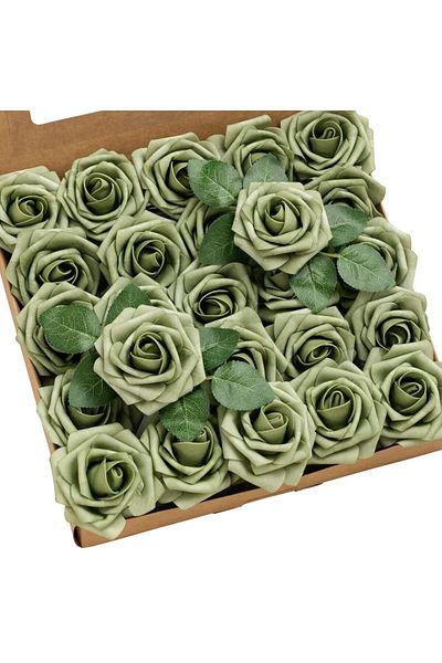 Choice Deep Elf Green Artificial Flowers 25pcs Real Looking Elf Green Foam Fake Roses with Stems for DIY We