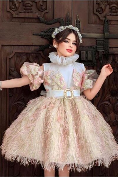 Riccotarz Girls' Clown Collar Off-Shoulder Balloon Sleeve Skirt Crumpled V-Cut Detailed Powder Evening Dress