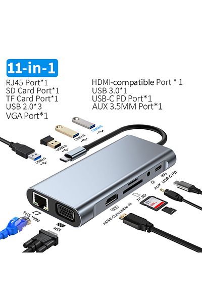 Kebidumei 11-in-1 HDMI 11-in-1 4K USB C 3.0 HUB Type C to HDMI-compatible USB 3.0 Adapter Type C HUB Dock PD 8
