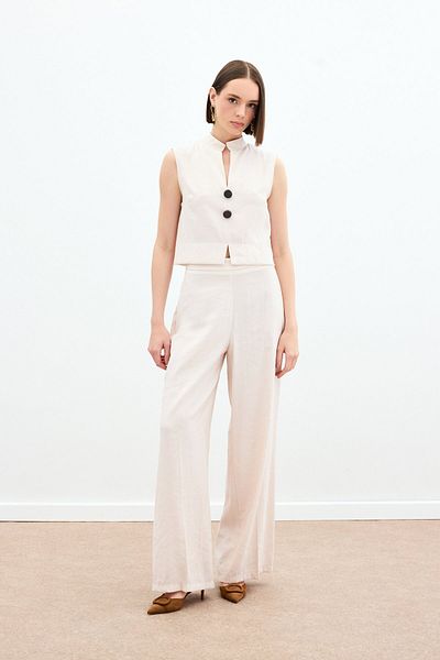 Sateen High Waist Linen Trousers - Stone