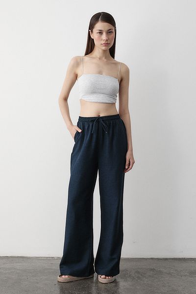 Laluvia Navy Blue Elastic Waist Wide Leg Trousers