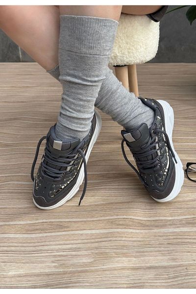 BellevieStore Aleid Gray Leather Lace-Up Sneakers