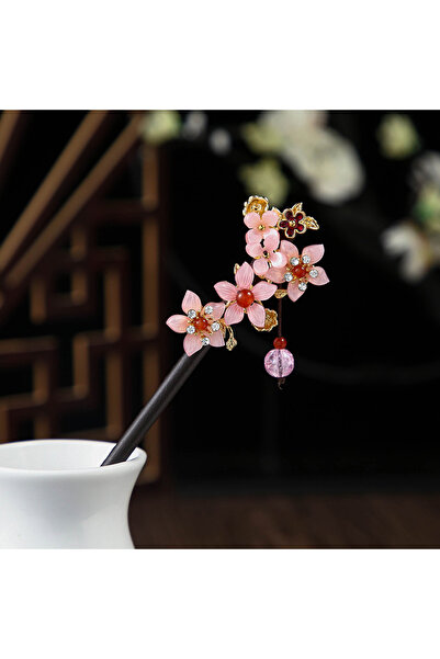 Choice دبوس شعر خشبي على شكل زهرة متعرجة على الطراز الصيني مع شرابة مشبك شعر ...