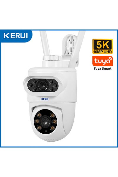 Kerui كاميرا خارجية مزدوجة العدسة 5K من Us Plug بدقة 10 ميجابكسل 5K عالية الدقة مزودة بعدسة مزدوجة وواي فاي وكاميرا IP Tuya Smart Ptz لاسلكية
