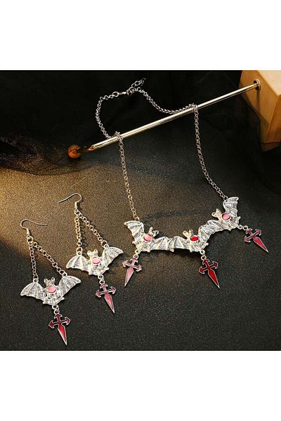 Choice XL4854 Halloween Gothic Vampire Bat Necklace Earring Set Red Cross Bat Pendant Necklace Drop Earring