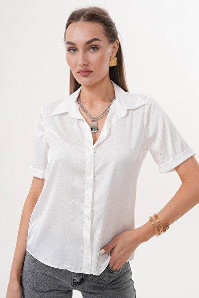 Flame İstanbul Butik Κοντό πουκάμισο με διπλό μανίκι από πέτρα σατέν λευκό ESY9930