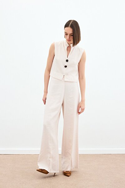 Sateen High Waist Linen Trousers - Stone