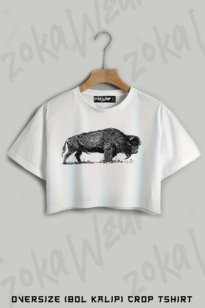 ZOKAWEAR Buffalo Bison Family Sketch Printed Oversize Crop T-Shirt